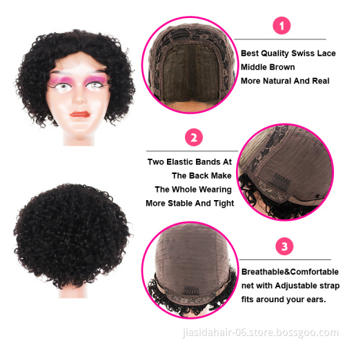 Wholesale Bob Closure Summer Wigs Natural Black Short Curly Brazilian T part Raw Virgin Hair Pixie Cut Lace Front Wigs